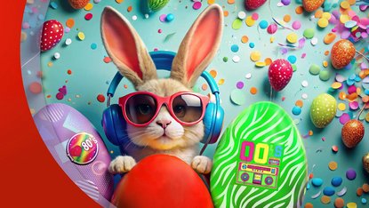 Animierter Hase mit Kopfhörern und Sonnenbrille umringt von bunten Ostereiern