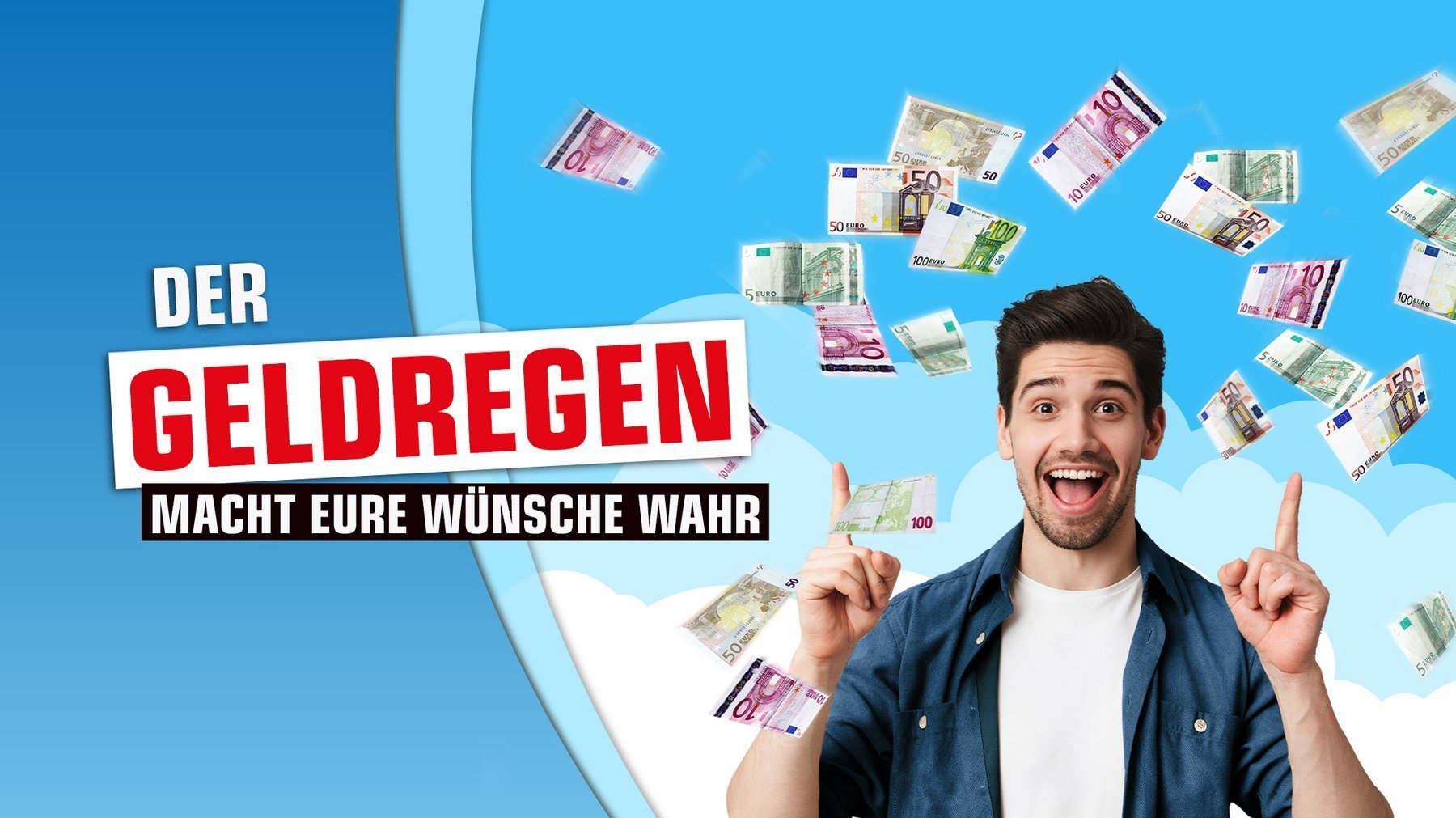 Aktionsmotiv für den Geldregen, ein Mann zeigt freudig nach oben, Geldscheine fallen vom Himmel